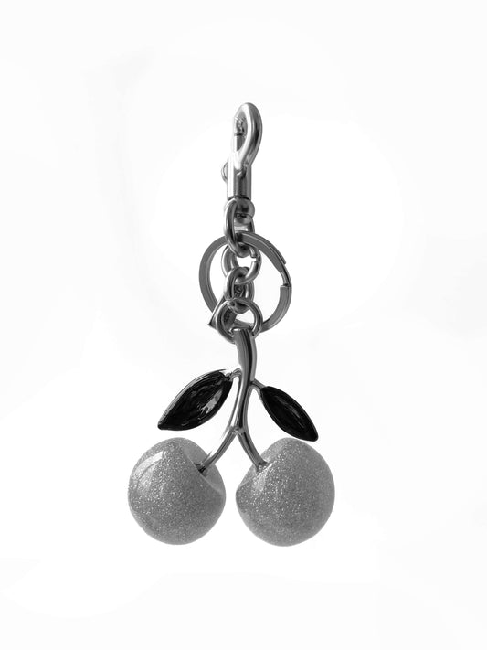 Glitter Cherry Keychain - Silver fruits with black leaves, metal chain and hook, exquisite and stylish