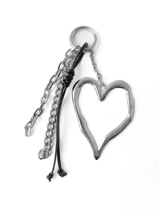 Heart-shaped metal keychain with silver chain and black rope dual straps, unique accessory.